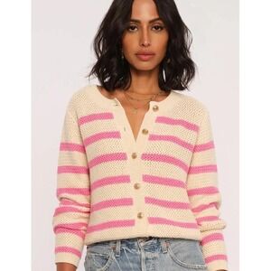 Heartloom Odelia Cardigan Sweater Pink Cream Striped Gold Button Cotton Medium